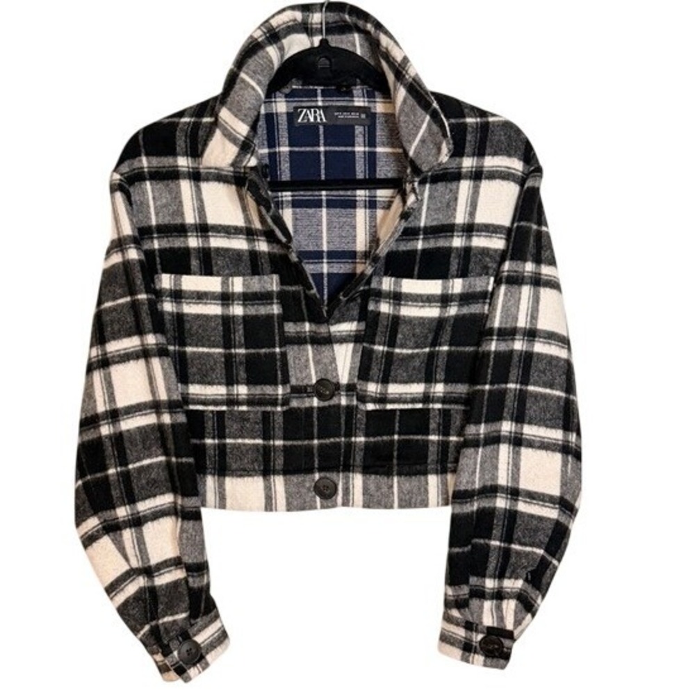 ZARA Cropped‎ Plaid Shacket Hoodie Button Front Womens Medium Layering